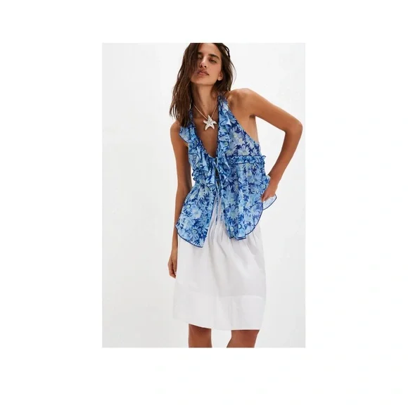 NWT Free People Floral Ruffle V-Neck Sheer Camisole - Brown & Pink - Picture 7 of 9